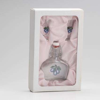 Set 1x sticlă și 2x pahar pentru tărie, transparent cu motiv de prună