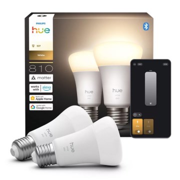 Set 2 becuri LED dimabile Philips Hue White, soclu E27, 7W, 230V, 2700K