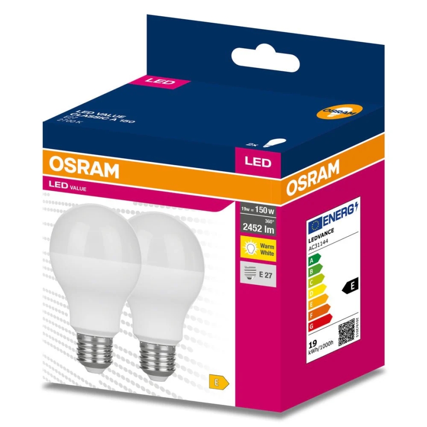 Set 2 becuri LED VALUE CLASSIC E27/19W/230V 2700K - Osram