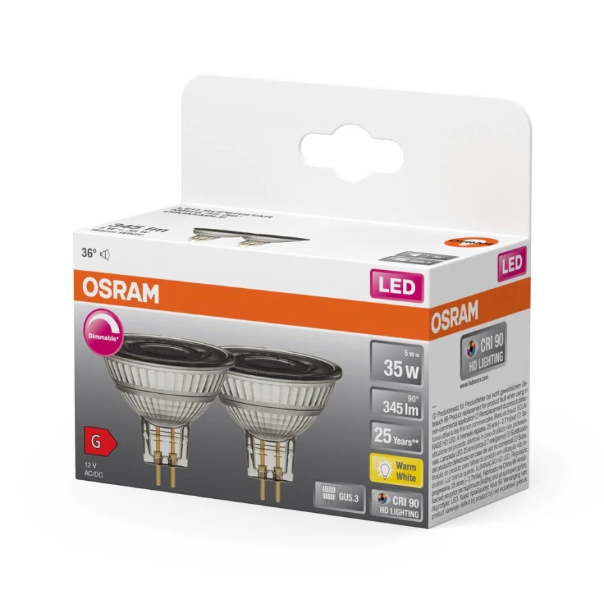 Set 2x bec LED reflector dimabil MR16 GU5,3/5W/12V 2700K 36° CRI 90 - Osram