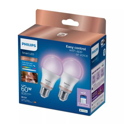 Set 2x becuri LED RGB reglabile Philips SMART A60 E27/8,5W/230V 2200-6500K