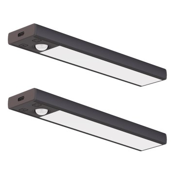 Set 2 buc. Lumină LED reîncărcabilă pentru mobilier cu senzor de mișcare și de amurg VIRO, LED/1W/3,7V 800 mAh, 3000/4000/6500K, 20 cm, negru