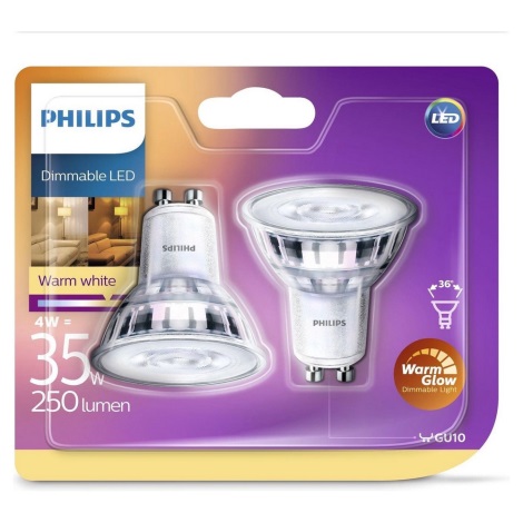 SET 2x bec LED dimabil Philips Warm Glow GU10/4W/230V 2200K-2700K 
