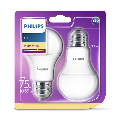 SET 2x Bec LED Philips E27/11W/230V 2700K