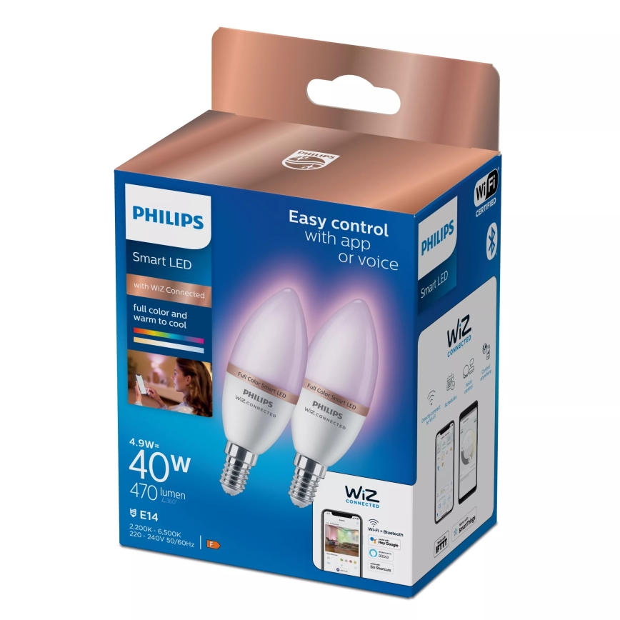 Set 2x Bec LED RGB dimmabil Philips SMART C37 E14/4,9W/230V 2200-6500K CRI 90