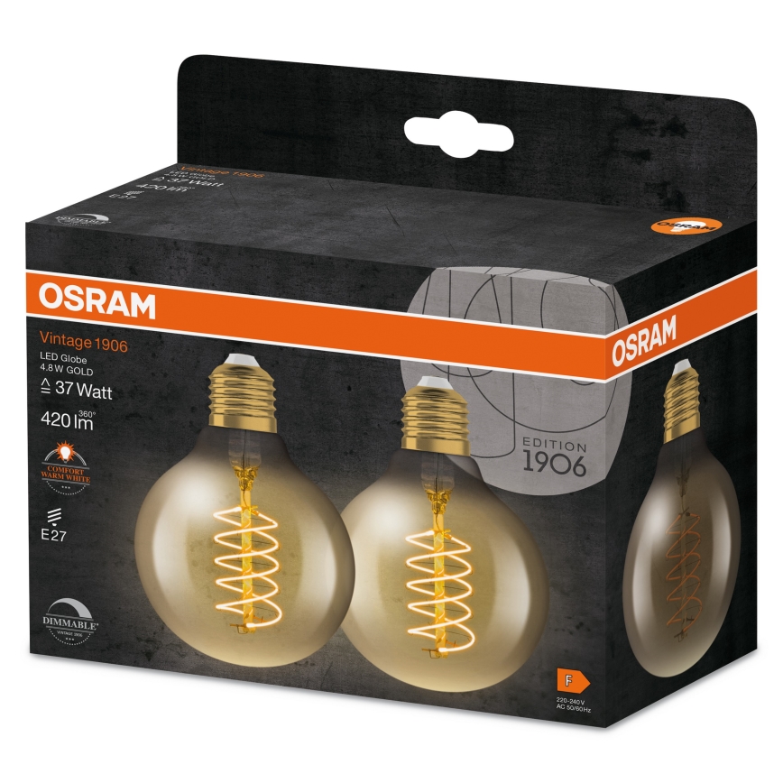 Set 2x becuri LED cu filament vintage, dimabile, E27, 4,8W, 230V, 2200K - Osram