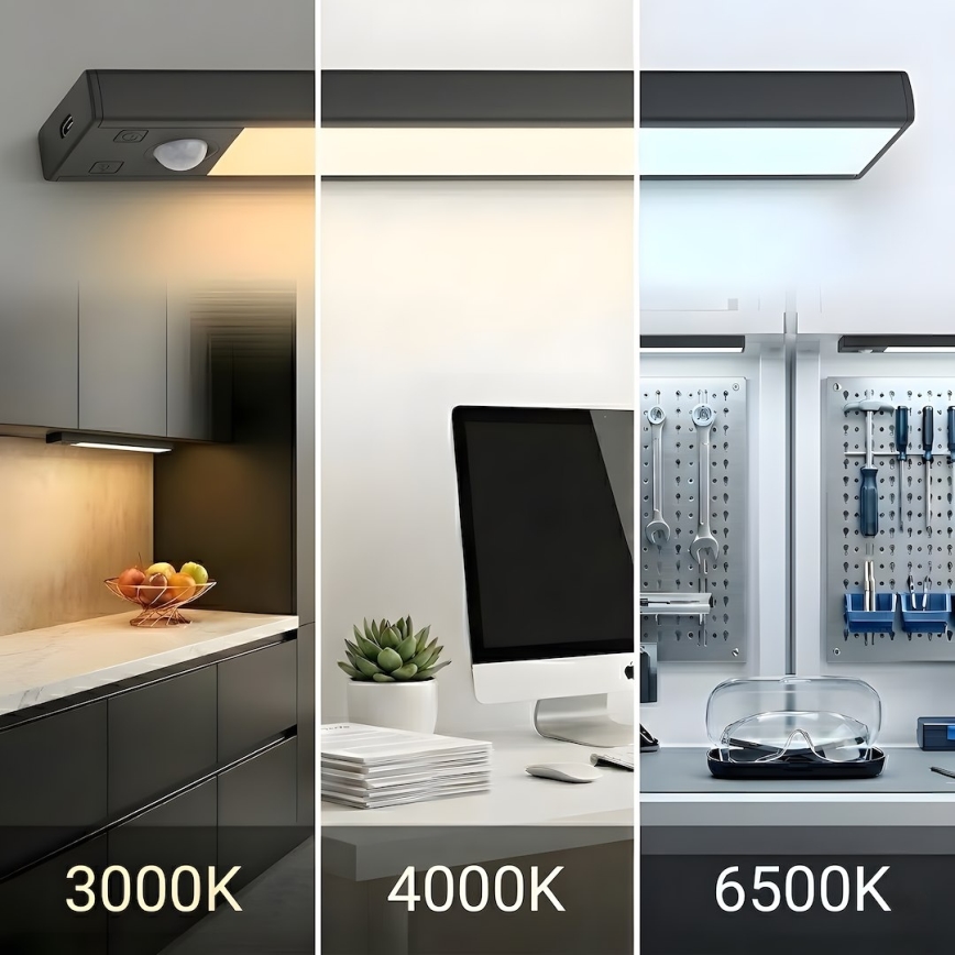 Set de 2 lumini LED reîncărcabile pentru mobilier cu senzor de mișcare și de crepuscul VIRO LED/1,2W/3,7V 800 mAh 3000/4000/6500K 30 cm negre