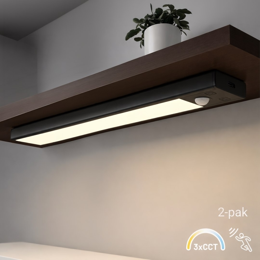Set de 2 lumini LED reîncărcabile pentru mobilier cu senzor de mișcare și de crepuscul VIRO LED/1,2W/3,7V 800 mAh 3000/4000/6500K 30 cm negre