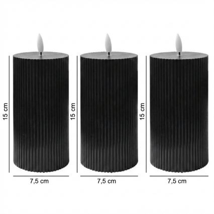 Set 3 lumânări LED BRILLO, 15 cm, negre, alimentare 2x AA, cu telecomandă