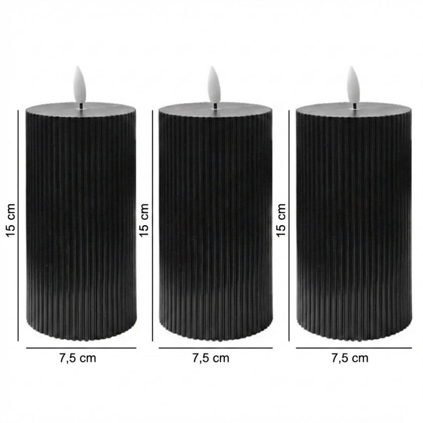 Set 3 lumânări LED BRILLO, 15 cm, negre, alimentare 2x AA, cu telecomandă