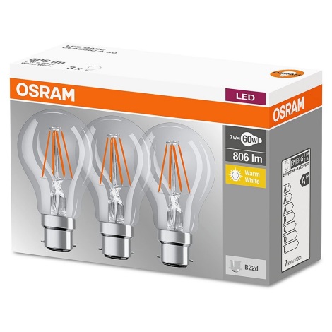 SET 3x Bec LED B22d/7W/230V 2700K - Osram