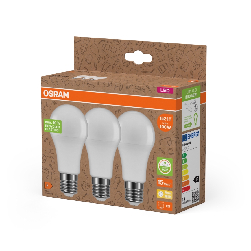 Set 3x bec LED din plastic reciclat A100 E27/14W/230V 2700K - Osram