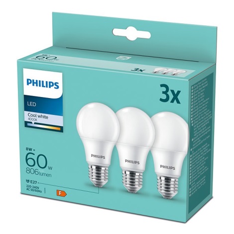 SET 3x bec LED Philips A60 E27/8W/230V 4000K
