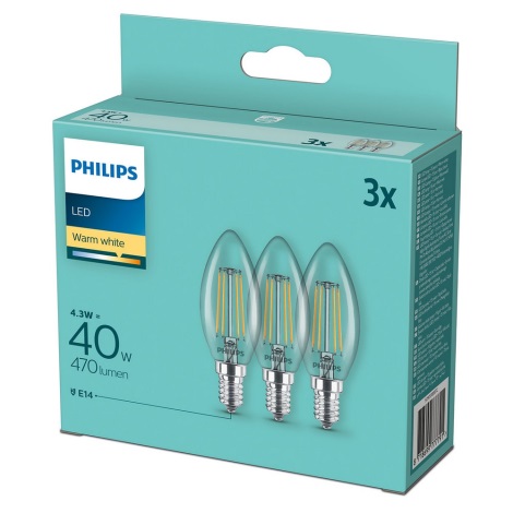 SET 3x Bec LED Philips B35 E14/4,3W/230V 2700K