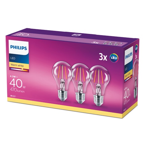 SET 3x Bec LED Philips E27/4,3W/230V 2700K