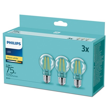 SET 3x Bec LED Philips E27/8,5W/230V 2700K