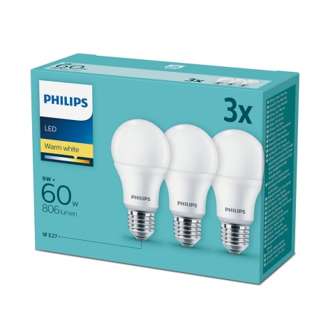 SET 3x Bec LED Philips E27/9W/230V 2700K