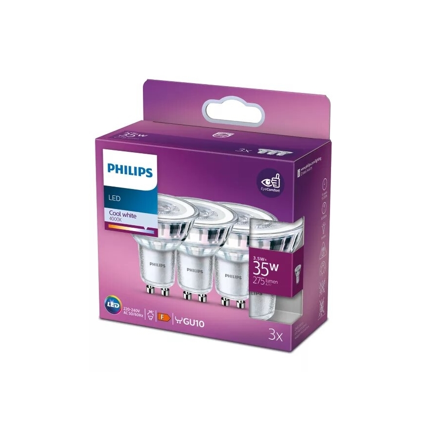 SET 3x bec LED Philips PAR16 GU10/3,5W/230V 4000K