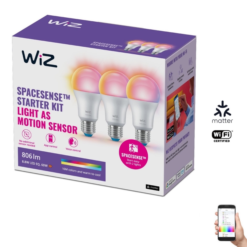 SET 3x bec LED RGBW dimabil A60 E27/8,8W/230V 2200-6500K Wi-Fi WiZ