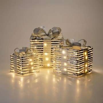 Set 3x decorațiuni LED de Crăciun 20xLED/2xAA + 30xLED/3xAA + 40xLED/3xAA alb cald cadouri/argintiu