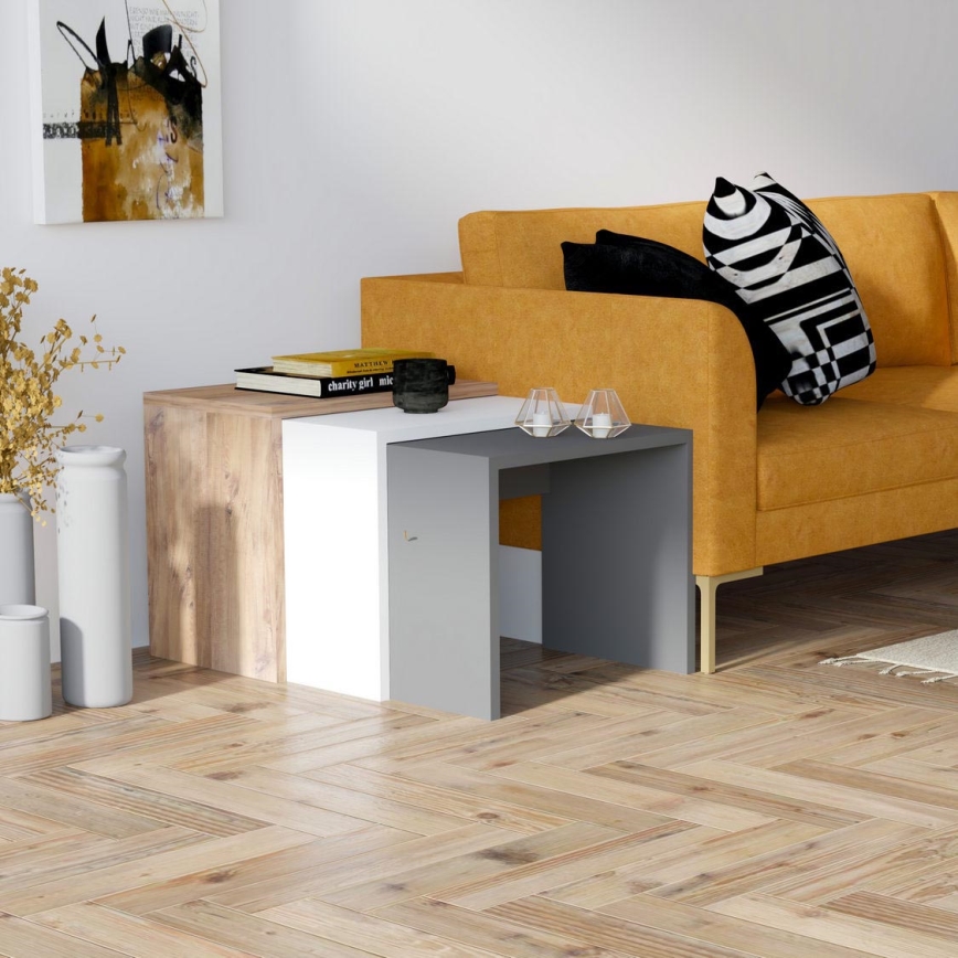SET 3x măsuță laterală GUL maro/albă/gri