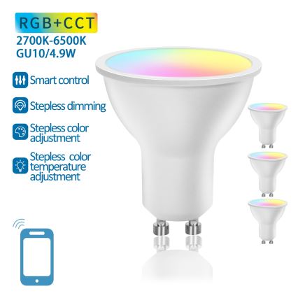 Set 4x Bec LED RGBW smart, cu intensitate reglabilă, GU10, 4,9W, 230V, 2700-6500K - Aigostar