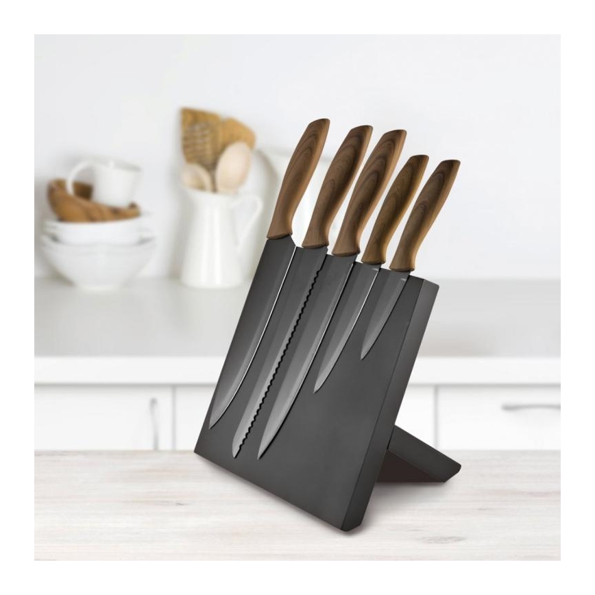 Set de 5 cuțite din oțel inoxidabil cu suport magnetic maro/negru