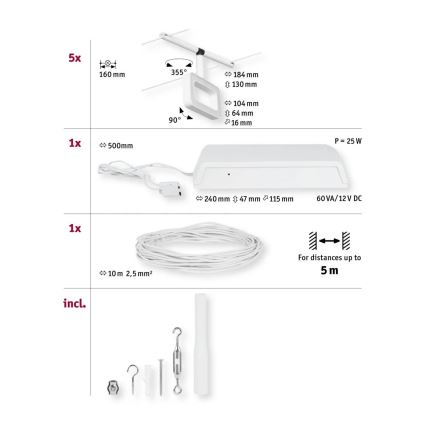 SET 5x lustră pe cablu Paulmann 94483 LED/4,8W FRAME 230V alb