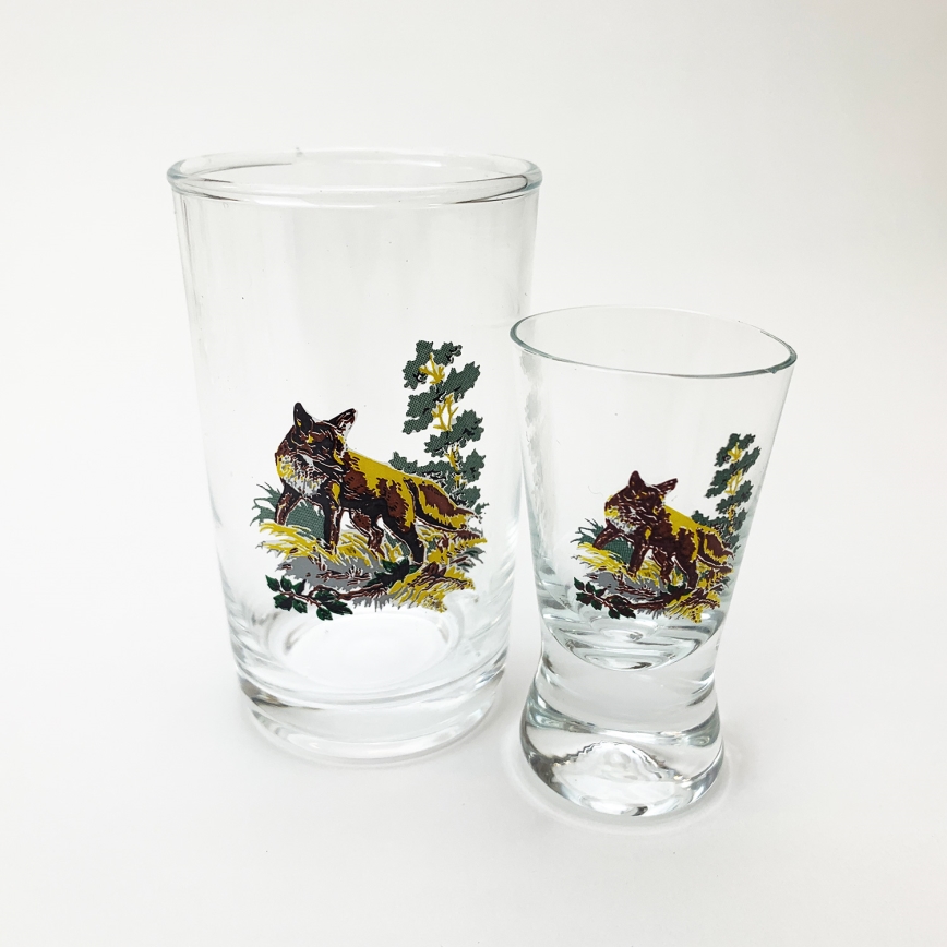 Set de 6 pahare mari și 6 pahare mici pentru shoturi, transparente, cu modele de animale