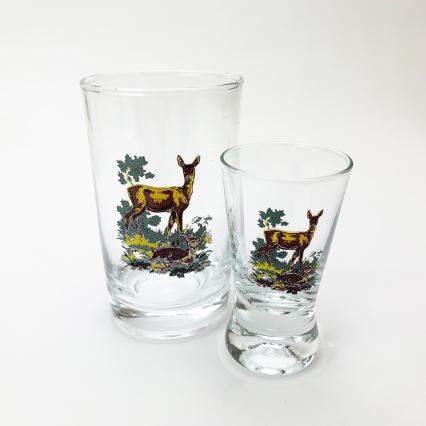 Set de 6 pahare mari și 6 pahare mici pentru shoturi, transparente, cu modele de animale