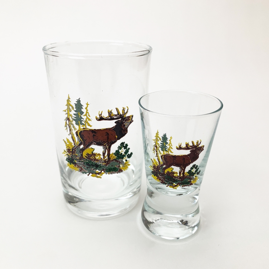 Set de 6 pahare mari și 6 pahare mici pentru shoturi, transparente, cu modele de animale