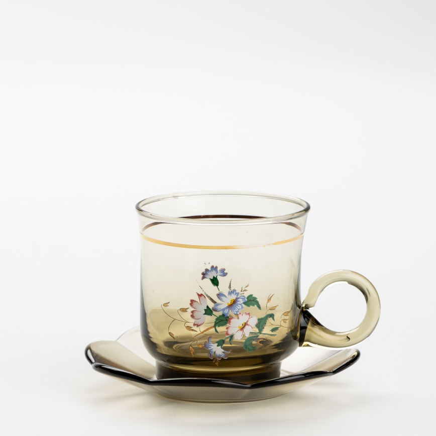 Set 6x ceașcă din sticlă cu farfurioară, fumuriu buchet nr. 5