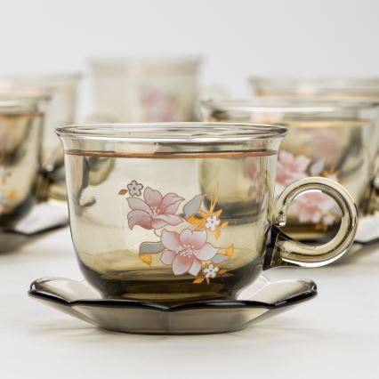 Set 6x ceașcă din sticlă cu farfurioară, fumuriu buchet nr. 6