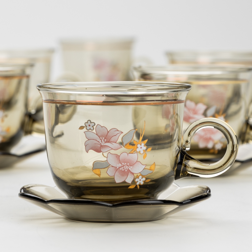 Set 6x ceașcă din sticlă cu farfurioară, fumuriu buchet nr. 6