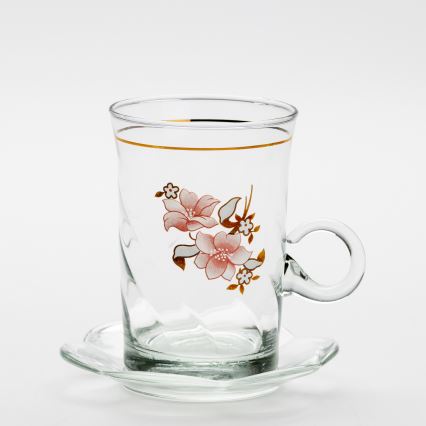 Set 6x ceașcă din sticlă cu farfurioară și 1x zaharniță, transparent buchet nr. 2