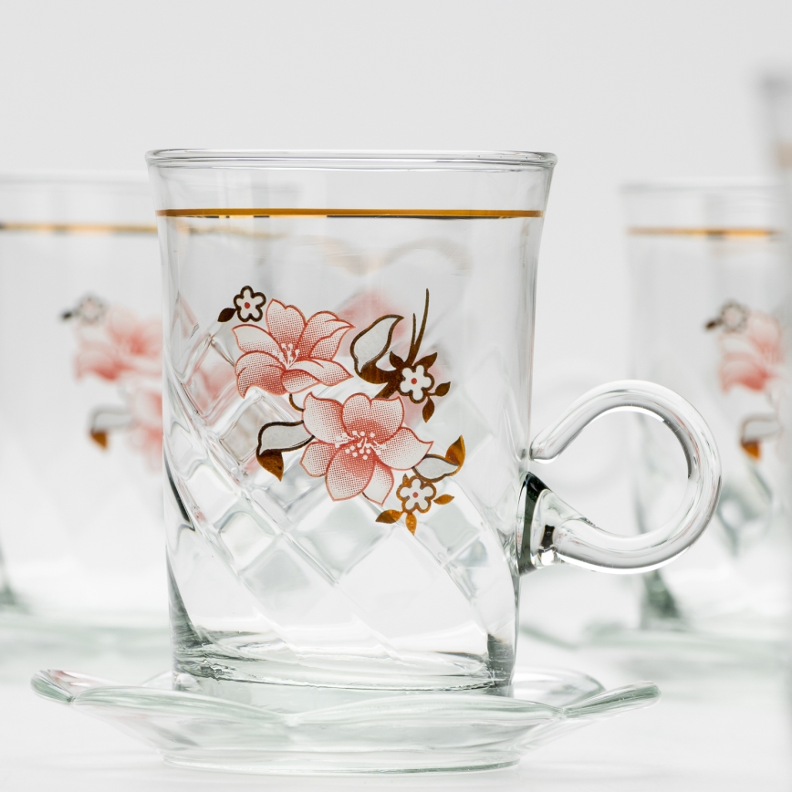 Set 6x ceașcă din sticlă cu farfurioară și 1x zaharniță, transparent buchet nr. 2