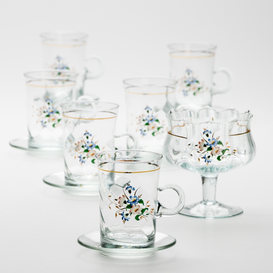 Set 6x ceașcă din sticlă cu farfurioară și 1x zaharniță, transparent buchet nr. 3