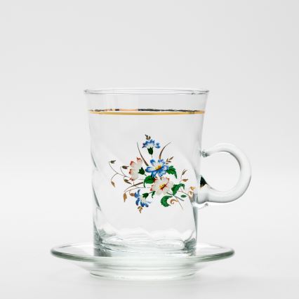 Set 6x ceașcă din sticlă cu farfurioară și 1x zaharniță, transparent buchet nr. 3