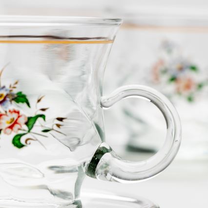 Set 6x ceașcă din sticlă cu farfurioară, transparent buchet nr. 2