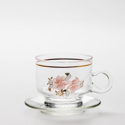 Set 6x ceașcă din sticlă cu farfurioară, transparent buchet nr. 6