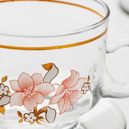 Set 6x ceașcă din sticlă cu farfurioară, transparent buchet nr. 6