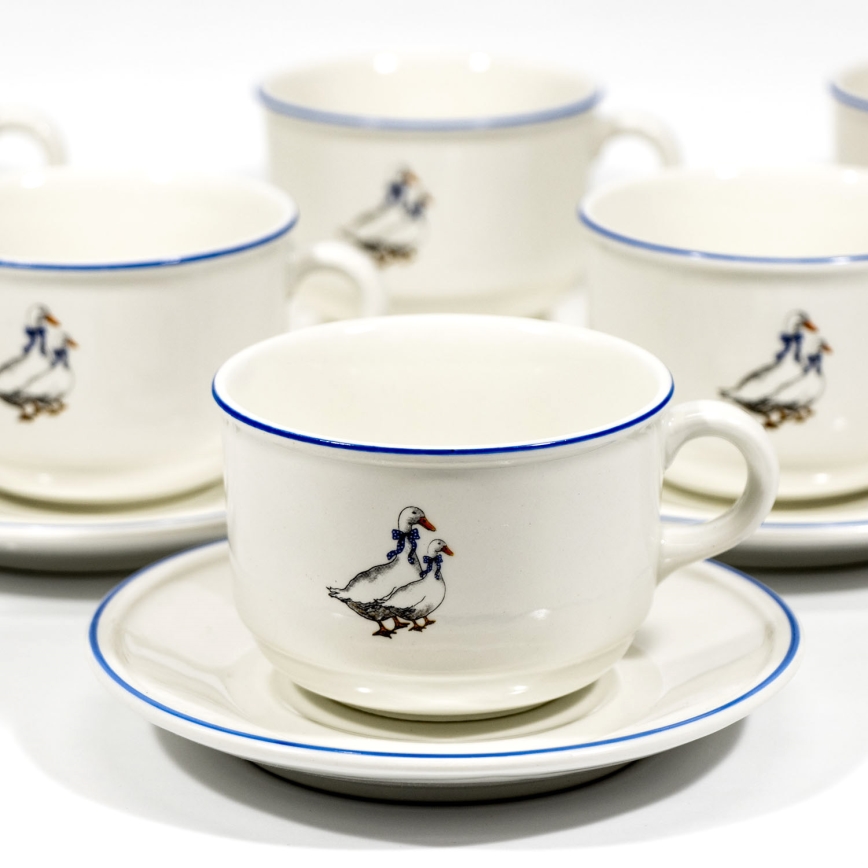 Set ceai 6x ceașcă ceramică Lucie cu farfurioară albă cu motiv de gâște