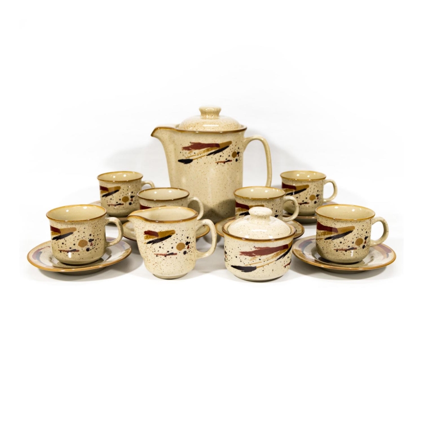 Set ceramic 6 căni cu farfurioare, 1 carafă cu capac, 1 zaharniță și 1 recipient pentru lapte