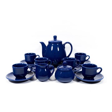 Set ceramic 6 căni cu farfurioare, 1 carafă cu capac, 1 zaharniță și 1 recipient pentru lapte