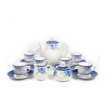 Set ceramic 6 căni cu farfurioare, 1 carafă cu capac, 1 zaharniță și 1 recipient pentru lapte