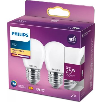 Set de 2 becuri LED Philips P45, soclu E27, 2,2W/230V, 2700K