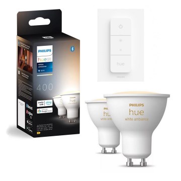 Set de 2 becuri LED reglabile Philips Hue White Ambiance GU10/4,2W/230V 2200-6500K + comutator dimmer