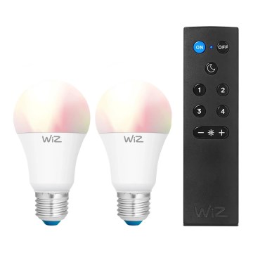 Set de 2 becuri LED RGBW dimerizabile A60 E27, 9W, 230V, 2200-6500K, Wi‑Fi + telecomandă - WiZ