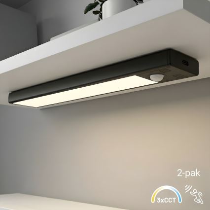 Set de 2 lumini LED reîncărcabile pentru mobilier cu senzor de mișcare și crepuscular VIRO LED/1W/3,7V 800 mAh 3000/4000/6500K 20 cm negru