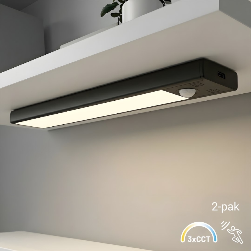 Set de 2 lumini LED reîncărcabile pentru mobilier cu senzor de mișcare și crepuscular VIRO LED/1W/3,7V 800 mAh 3000/4000/6500K 20 cm negru